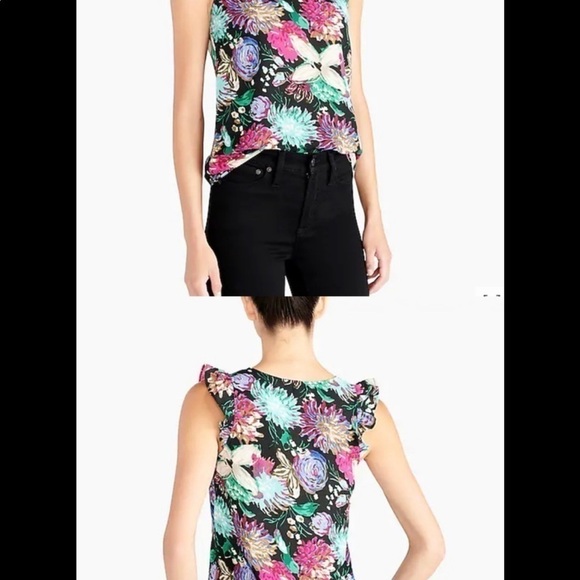 J. Crew Black Floral V Neck Top Flutter Sleeve Sz0 - Picture 1 of 16